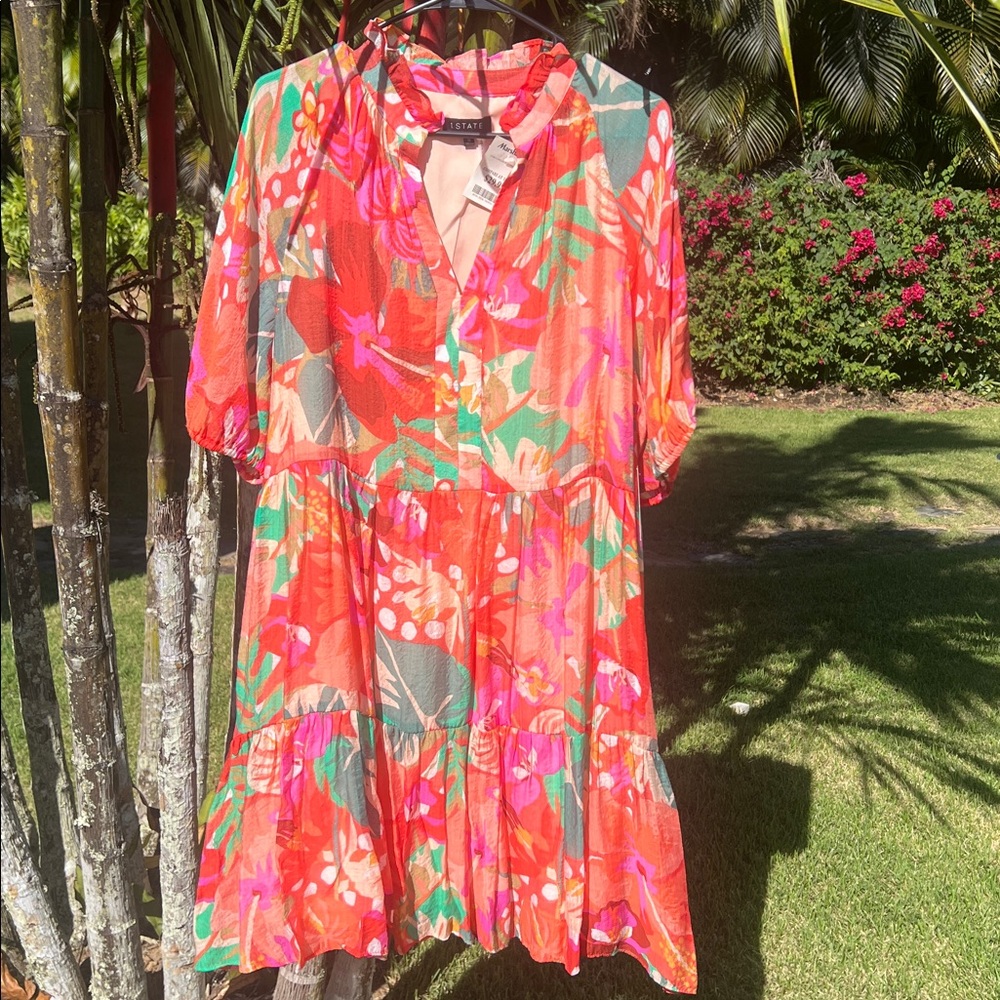 STATE Vibrant Red and Green Midi Dress